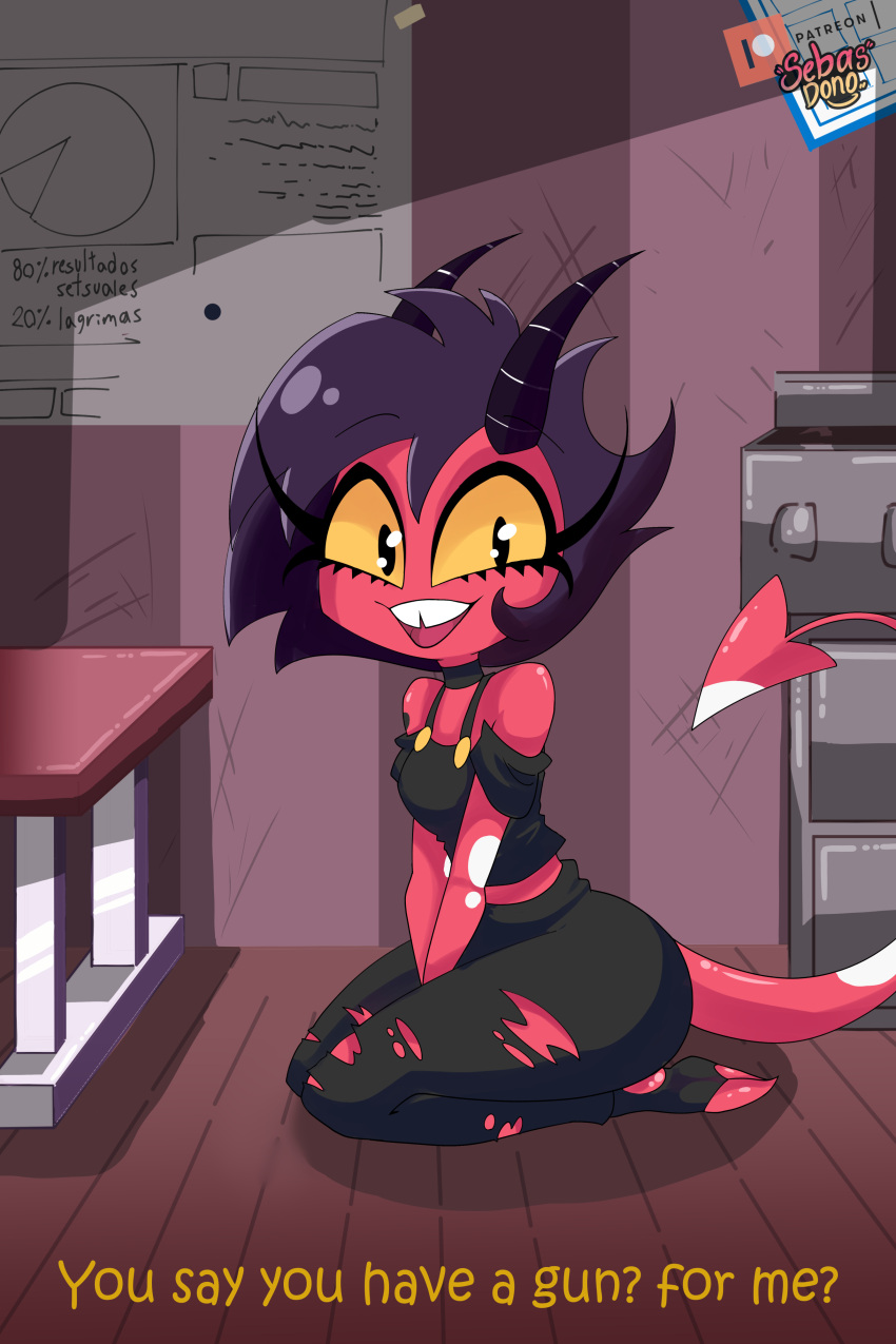 absurd_res big_butt black_hair blush breasts butt cleavage clothed clothing damaged_clothing demon demon_humanoid detailed_background dialogue female hair helluva_boss hi_res horn humanoid imp looking_at_viewer medium_breasts millie_(helluva_boss) open_mouth open_smile partially_clothed red_body red_skin sebasdono smile solo spanish_text teeth text thick_thighs tongue yellow_sclera