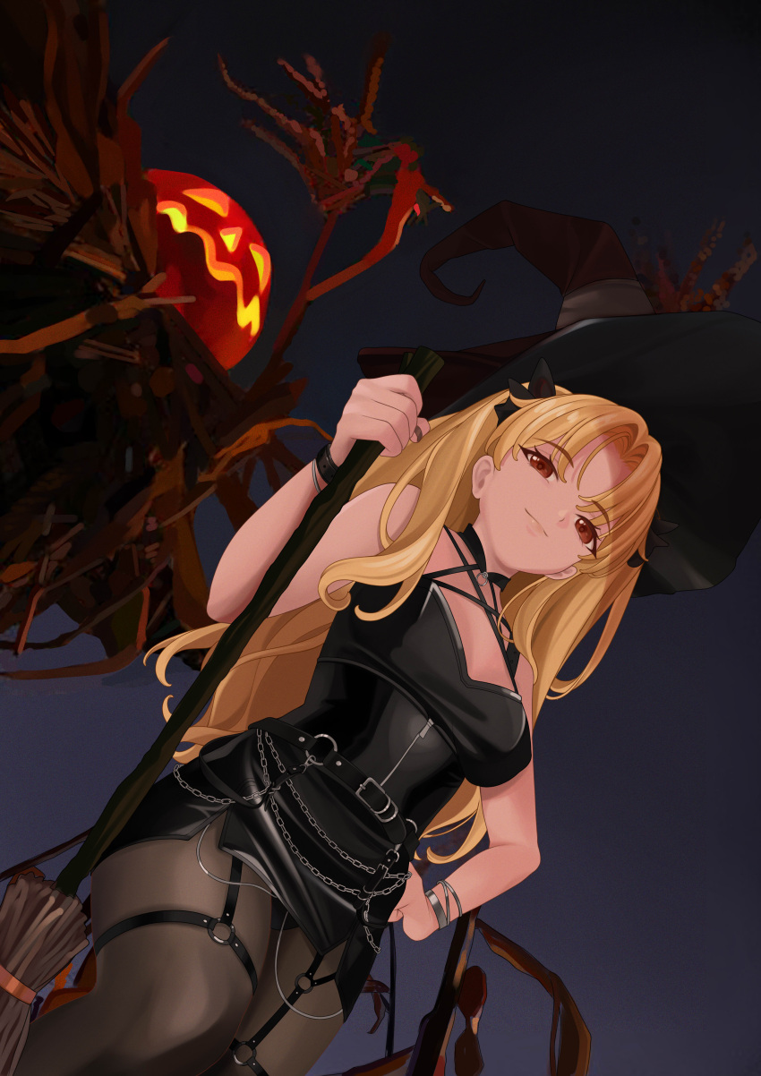 1girl absurdres black_dress black_headwear black_pantyhose blonde_hair breasts broom dress dutch_angle ereshkigal_(fate) fate/grand_order fate_(series) halloween_costume hand_on_hip hat highres holding holding_broom jack-o'-lantern long_hair looking_at_viewer pantyhose quatthro red_eyes short_dress small_breasts smug solo witch witch_hat
