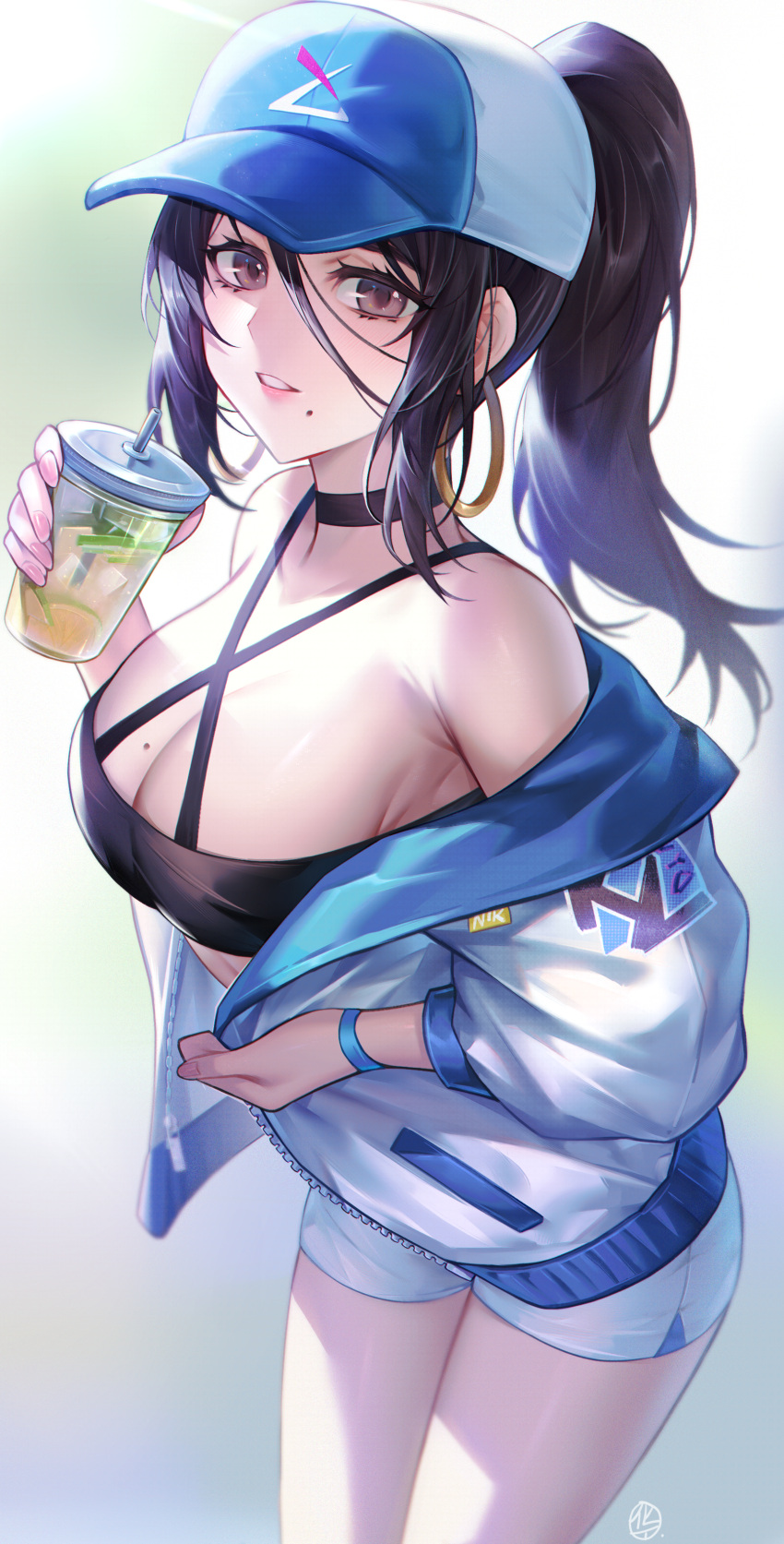1girl absurdres baseball_cap black_choker black_hair breasts brown_eyes choker cleavage crop_top cup drinking_straw earrings food fruit hat highres holding holding_cup hoop_earrings hua-j jacket jewelry large_breasts lime_(fruit) lime_slice long_hair looking_at_viewer mole mole_under_mouth off_shoulder original parted_lips ponytail short_shorts shorts sidelocks solo white_shorts