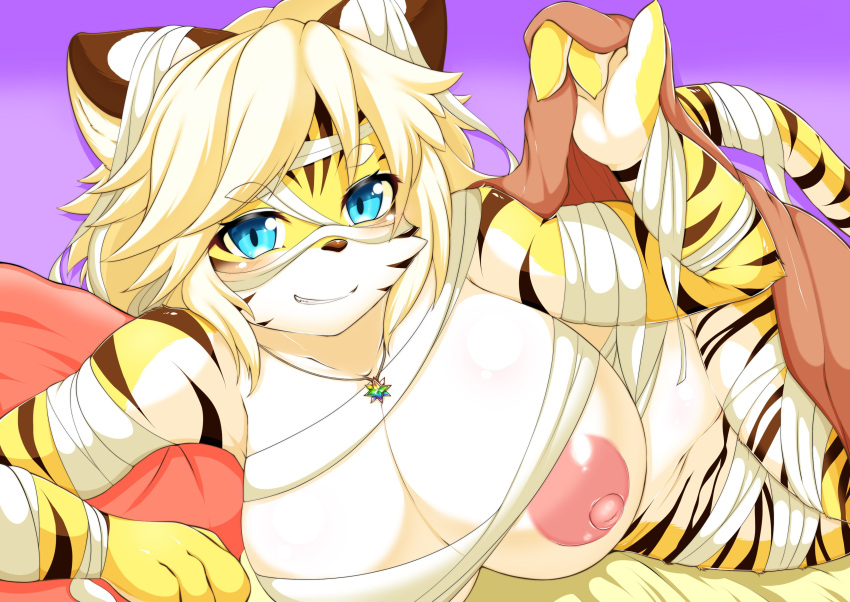 absurd_res anthro areola big_breasts blonde_hair blue_eyes blush breasts cyberconnect2 drecom felid female full_bokko_heroes fur hair halloween hi_res holidays kemono looking_at_viewer mammal megane_inu nipples pantherine smile solo striped_body stripes tiger video_games zhang_fei_(full_bokko_heroes)