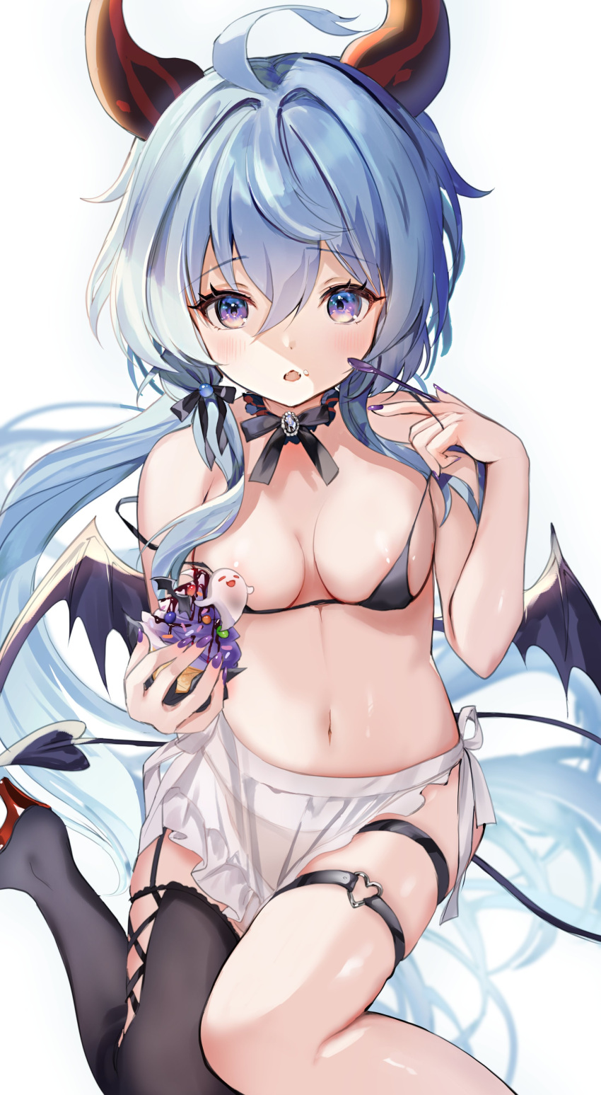 1girl absurdres alternate_costume bikini black_bikini black_thighhighs blue_hair boo_tao_(genshin_impact) breasts cross-laced_clothes demon_girl demon_horns demon_tail demon_wings food ganyu_(genshin_impact) genshin_impact ghost hair_between_eyes halloween_costume heart high_heels highres holding holding_food holding_spoon horns long_hair looking_at_viewer medium_breasts navel parted_lips ponytail purple_eyes see-through simple_background single_thighhigh skirt solo spoon stomach strap_slip string_bikini swimsuit tail thigh_strap thighhighs thighs ume_(plumblossom) very_long_hair white_background white_skirt wings
