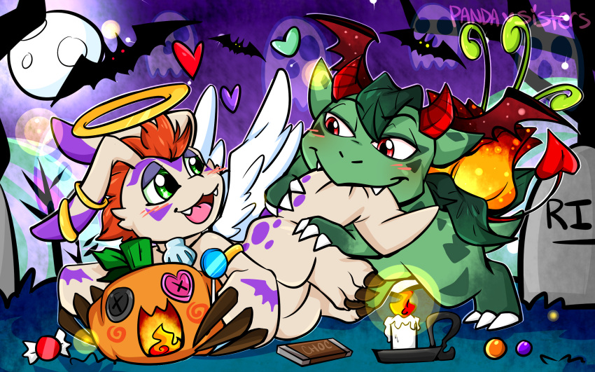 angel bandai_namco boyfriends candle candy chiropteran claws clothing costume demon dessert digimon digimon_(species) food generation_1_pokemon gomamon hair halloween hi_res holidays ivysaur jack-o'-lantern kipp_the_gomamon male male/male mammal marine moon night nintendo pandasisters pinniped pokemon pokemon_(species) seal tombstone video_games