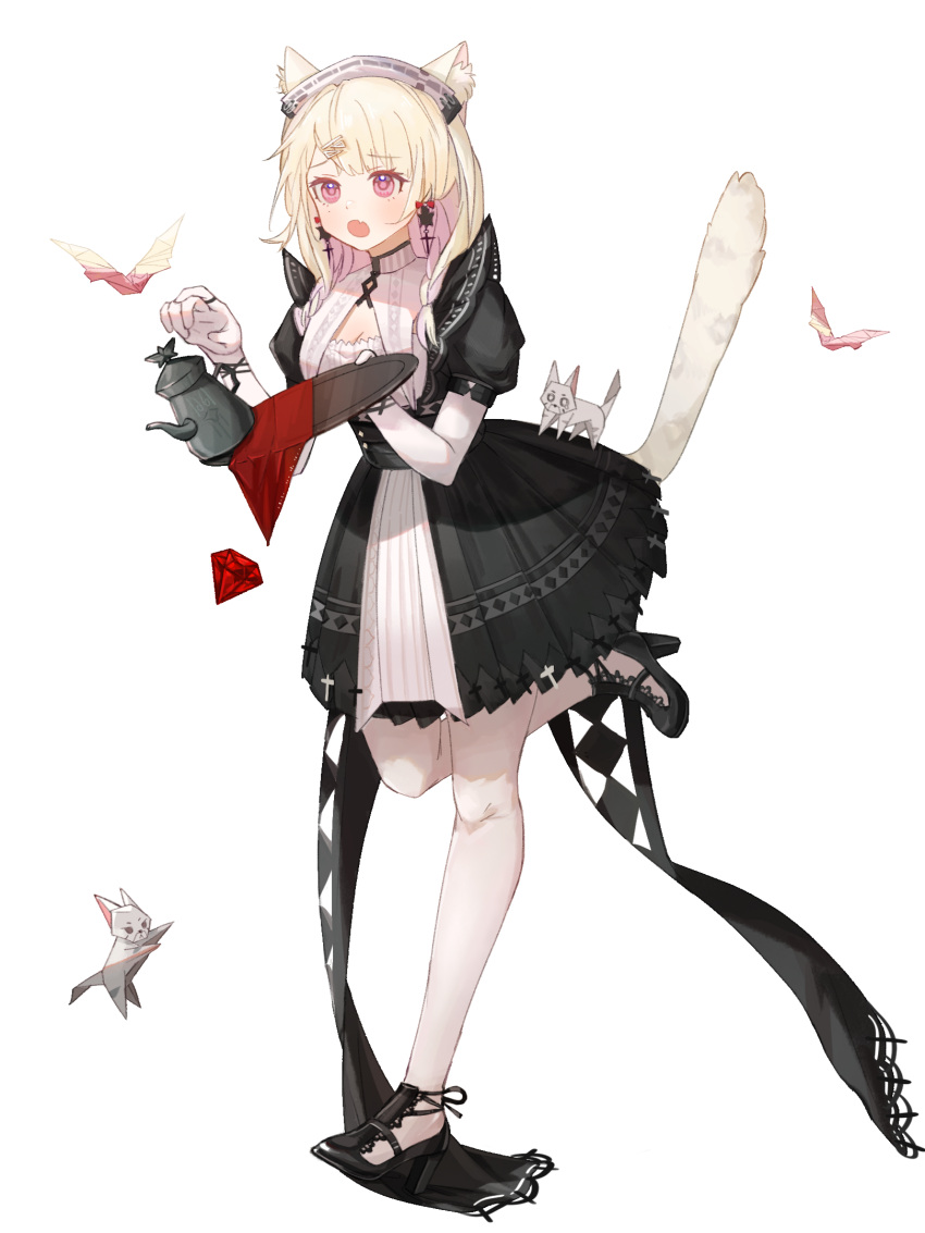 1girl animal animal_ears arknights black_dress black_footwear blonde_hair breasts cat cat_ears cat_girl cat_tail cleavage dress elbow_gloves extra_ears fang full_body gloves high_heels highres holding holding_teapot holding_tray kazemaru_(arknights) kazemaru_(like_illusion)_(arknights) leg_up m58-on-the-way maid_headdress official_alternate_costume open_mouth pantyhose pink_eyes puffy_sleeves simple_background skin_fang small_breasts solo standing standing_on_one_leg tail teapot tray white_background white_gloves white_pantyhose