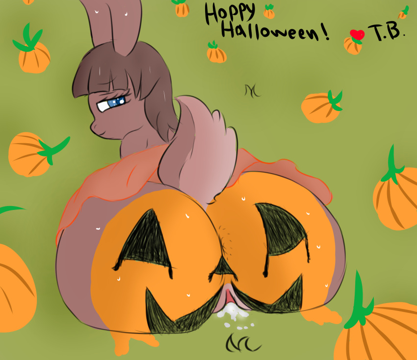 anthro anus blue_eyes bodily_fluids butt cecelia_(tsoup) clitoral_hood cum female food fruit genital_fluids genitals halloween hi_res holidays jack-o'-lantern lagomorph leporid looking_back mammal outside plant presenting presenting_hindquarters pumpkin pumpkin_patch pussy rabbit raised_tail solo thick_thighs trippybunny