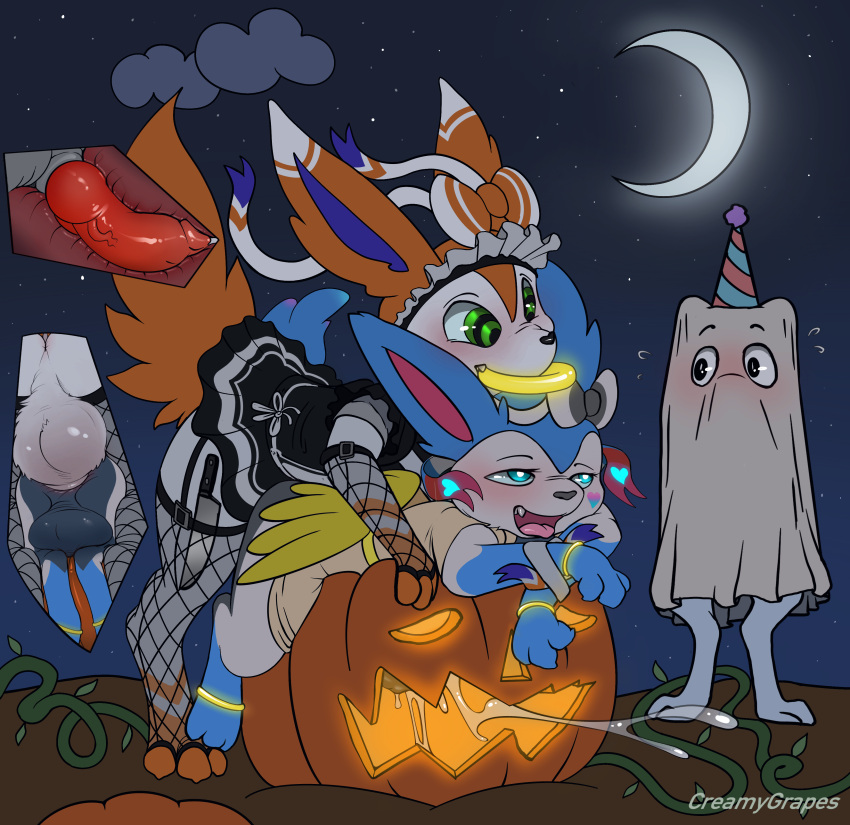 absurd_res anal clothing costume creamygrapes duo eeveelution feral food fruit generation_6_pokemon group halloween hi_res holidays maid_uniform male male/male nintendo plant pokemon pokemon_(species) pumpkin sylveon trio uniform video_games vovo