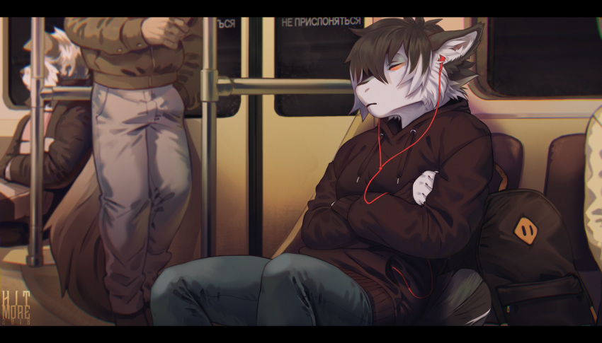 anthro black_hair cheek_tuft clothed clothing crossed_arms cyrillic_text detailed_background digital_media_(artwork) ear_tuft earbuds eyes_closed female fr_(f-r95) fur grey_hair hair headphones hitmore hoodie hybrid jeans markings multicolored_hair pants red_markings russian_text sitting sleeping solo_focus text train tuft two_tone_hair vehicle white_fur