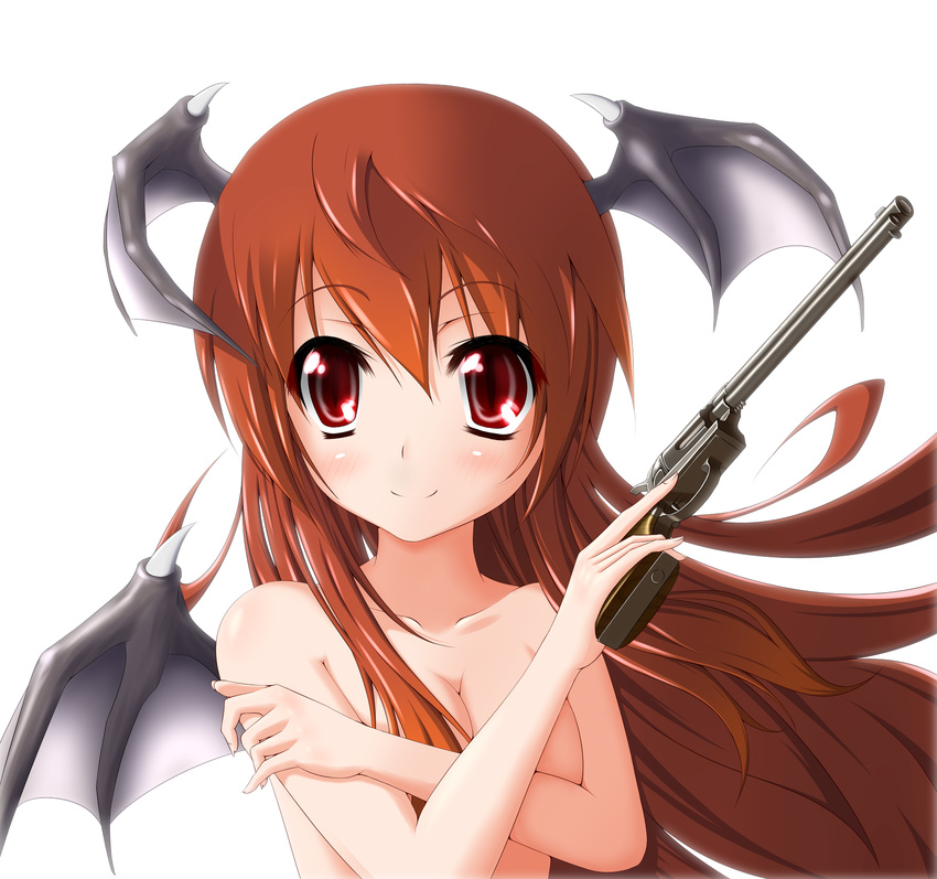 bat_wings breast_hold breasts cleavage colt_saa covering covering_breasts crossed_arms gun handgun head_wings highres koakuma long_hair medium_breasts midoriiro_no_shinzou nude red_eyes red_hair revolver slit_pupils solo touhou trigger_discipline upper_body weapon wings