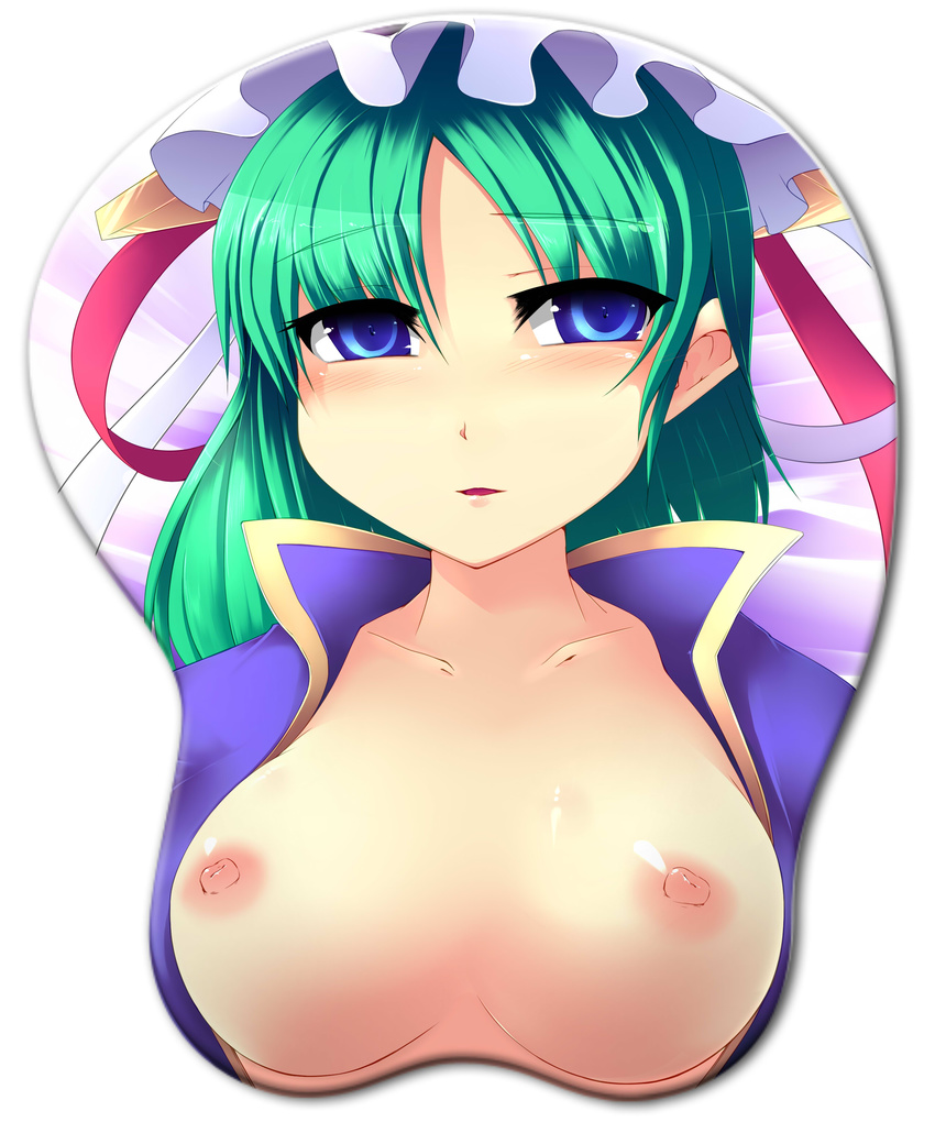 absurdres bad_id bad_pixiv_id blue_eyes breast_mousepad breasts green_hair hat highres kusaka_eiki medium_breasts mousepad nipples shiki_eiki short_hair solo touhou