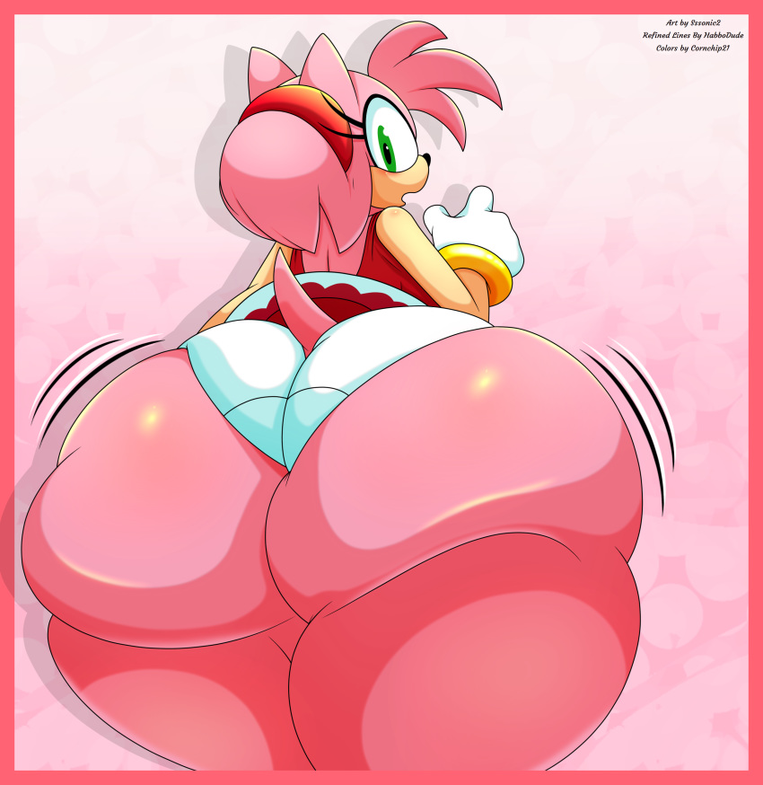 amy_rose big_butt butt clothed clothing cornchip21 dress embarrassed eulipotyphlan eyelashes female fur gloves green_eyes habbodude hair hairband hedgehog hi_res huge_butt hyper hyper_butt jewelry looking_at_viewer mammal pink_fur pink_hair solo sonic_(series) sssonic2 thick_thighs