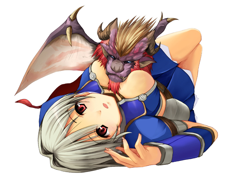 :o asuru_(armor) between_breasts blue_eyes breasts horns large_breasts lying monster_hunter on_back open_mouth red_eyes shinkirou_(s-k-w) short_hair silver_hair simple_background skirt teostra wings