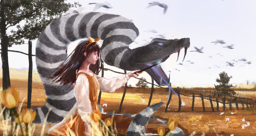 1girl bare_tree bird black_hair bow devotion dress du_meishin fangs fence flock flower hair_bow hairband highres long_hair open_mouth outdoors salty777 shirt sleeveless sleeveless_dress snake standing tree tulip white_shirt yellow_bow yellow_dress yellow_flower yellow_hairband