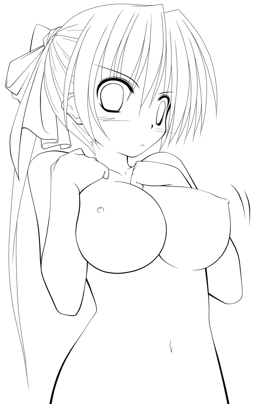 angry blush breasts greyscale highres kai_yuuki large_breasts lineart long_hair monochrome nude original petite solo