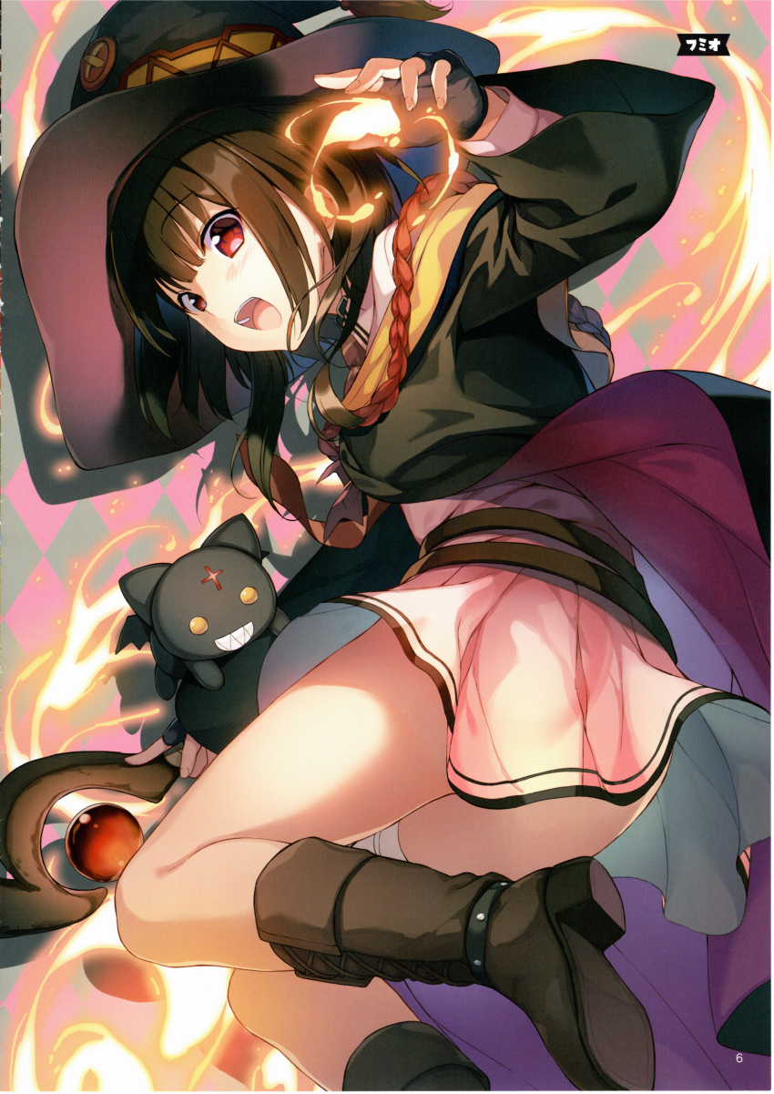 1girl absurdres bandage bandaged_leg bandages black_gloves black_hair black_legwear blush breasts cape cat chomusuke dress fire fumio_(ura_fmo) gloves hat highres kono_subarashii_sekai_ni_shukufuku_wo! looking_at_viewer megumin official_art pleated_skirt red_eyes short_hair skirt smile staff thighhighs witch_hat