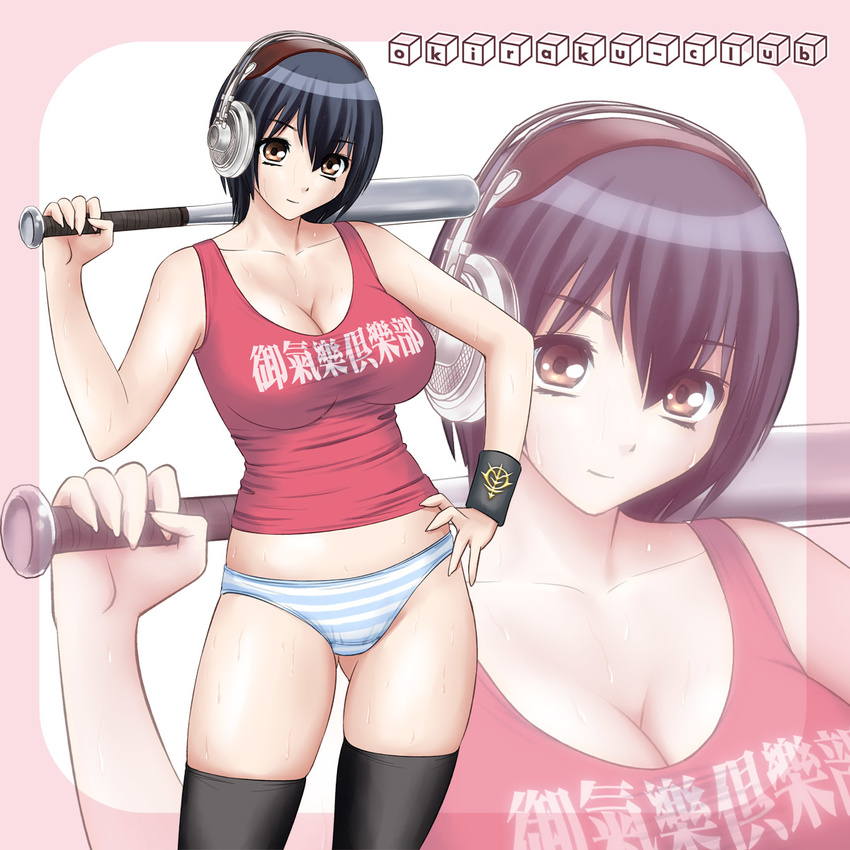 baseball_bat black_hair breasts brown_eyes cleavage headphones highres kiso_fumihiro large_breasts no_pants original panties shirt short_hair skindentation solo striped striped_panties sweat tank_top taut_clothes taut_shirt thighhighs underwear underwear_only wristband zoom_layer