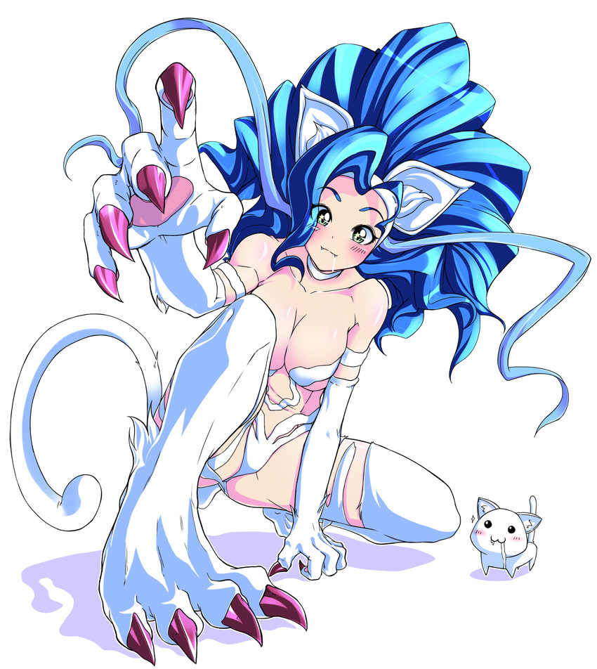 1girl animal_ears big_hair blue_hair blush breasts cat cat_ears cat_paws cat_tail claws fangs felicia fur highres large_breasts long_hair luceva paws saliva solo tail thighhighs vampire_(game)