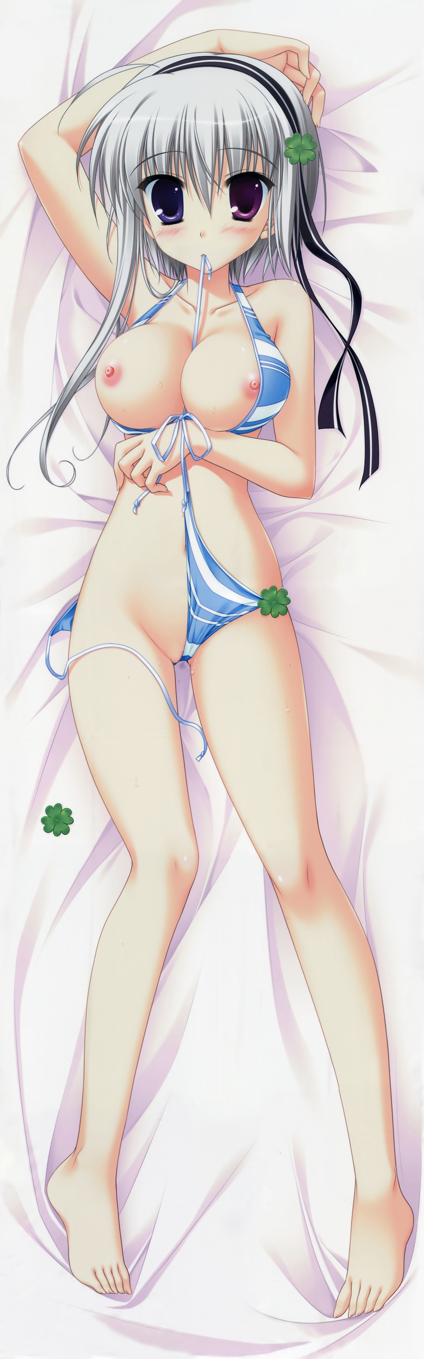 absurdres barefoot between_breasts bikini blush breasts clover clover_hair_ornament covered_nipples dakimakura feet four-leaf_clover four-leaf_clover_hair_ornament front-tie_bikini front-tie_top full_body hair_ornament heterochromia highres large_breasts looking_at_viewer lying mouth_hold natsu_yume_nagisa nipples on_back rougi_maki sesena_yau side-tie_bikini silver_hair solo striped striped_bikini swimsuit untied untied_bikini wedgie