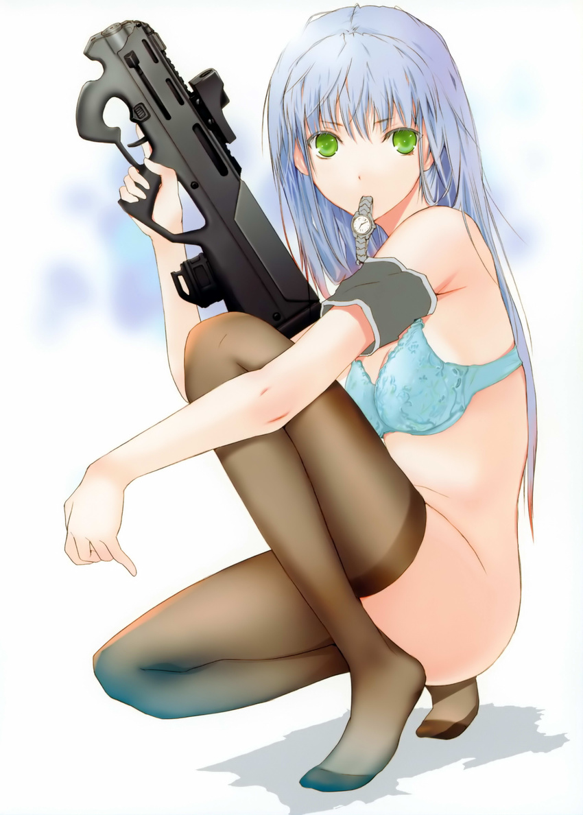 absurdres assault_rifle blue_hair bottomless bra bullpup fuyuno_haruaki green_eyes gun highres lingerie long_hair magpul_pdr mouth_hold no_panties one_knee original rifle solo submachine_gun thighhighs trigger_discipline underwear underwear_only watch weapon wristwatch