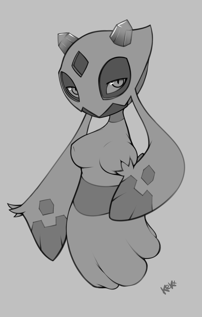 1girl absurdres artist_name breast_hold breasts creatures_(company) crystal female froslass full_body game_freak gen_4_pokemon grey_background greyscale half-closed_eyes hand_up highres kektails large_breasts looking_at_viewer monochrome nintendo no_humans pokemon pokemon_(creature) sash signature simple_background solo