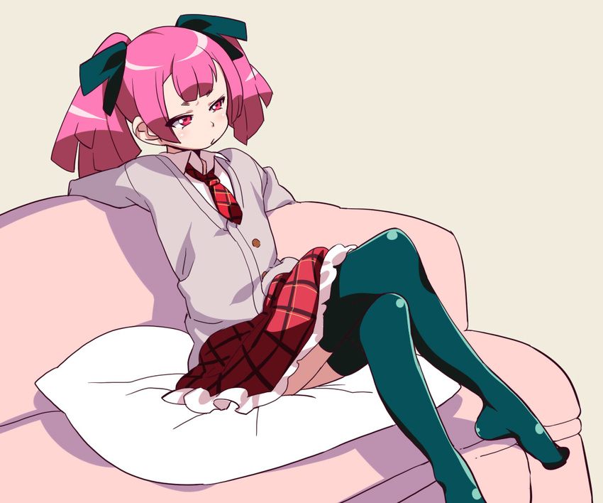 bad_id bad_pixiv_id black_legwear blush crossdressing crossed_legs hair_ribbon male_focus mario_(mario_portal) naomi_(salon_pixiv) necktie original otoko_no_ko pink_eyes pink_hair pixiv plaid plaid_skirt ribbon salon_pixiv school_uniform sitting sitting_on_pillow skirt solo thighhighs twintails zettai_ryouiki