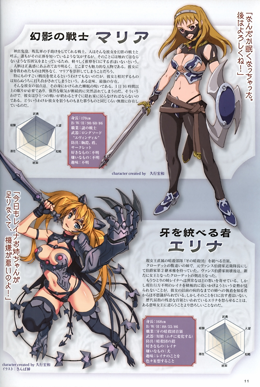 absurdres armor bikini_armor blade blonde_hair blue_eyes breasts cleavage elina hairband highres hisayuki_hirokazu leina long_hair mask medium_breasts midriff multiple_girls navel official_art pantyhose queen's_blade queen's_blade_rebellion revealing_clothes sanbasou sideboob sword thighhighs translation_request weapon