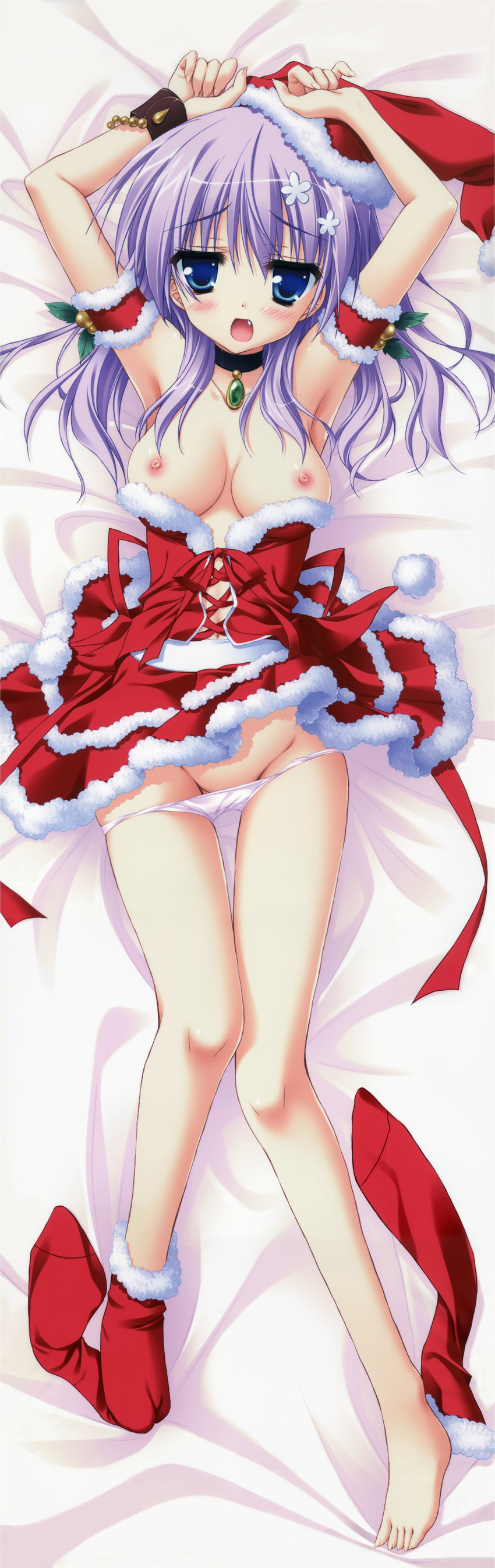 absurdres arms_up blue_eyes blush breast_clinging breasts dakimakura fang framed_breasts full_body hat highres lying medium_breasts mihama_hitsuji moribe_(rabumanyo) natsu_yume_nagisa nipples on_back open_mouth panties panty_pull purple_hair santa_costume santa_hat solo underwear white_panties