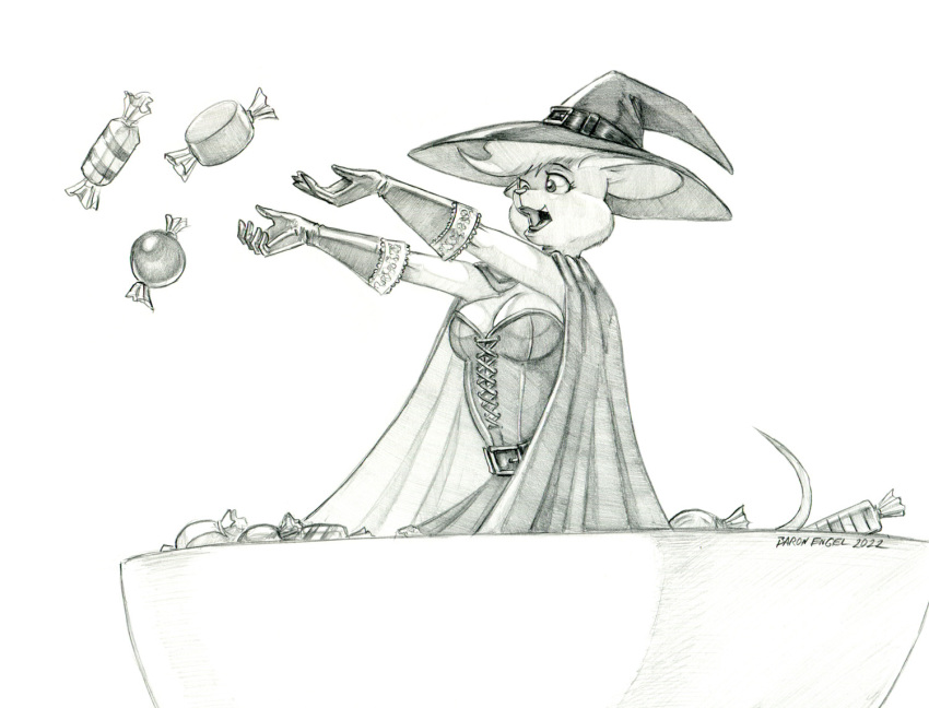 2022 anthro baron_engel belt breasts candy cloak clothing dessert female food gloves graphite_(artwork) handwear hat headgear headwear mammal monochrome mouse murid murine open_mouth pencil_(artwork) petina_demouse rodent solo tossing traditional_media_(artwork) witch_hat