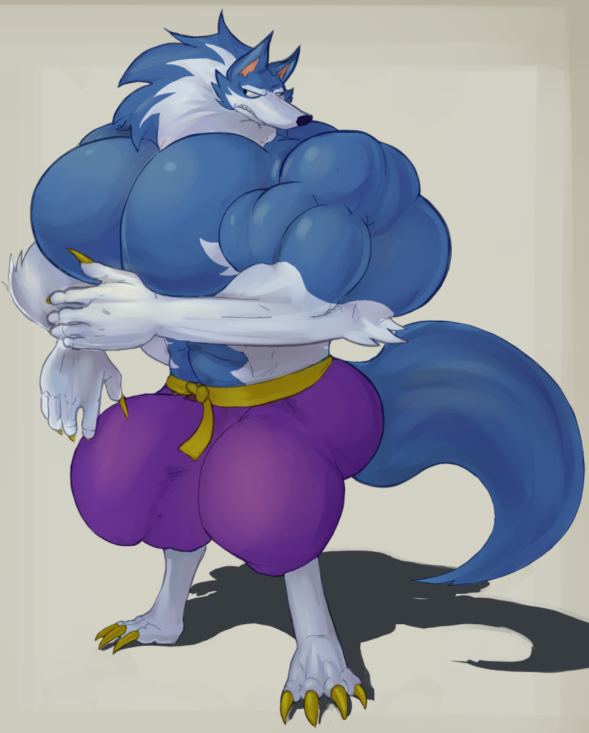 4_toes 5_fingers abs anthro balls barefoot big_balls big_bulge big_muscles big_penis biped blue_body bottomwear bottomwear_only bulge canid canine canis capcom claws clothed clothing colored darkstalkers digital_media_(artwork) feet finger_claws fingers fur genitals hair hi_res hitodama_(artist) huge_bulge huge_muscles huge_penis hyper hyper_muscles jon_talbain male mammal muscular muscular_anthro muscular_male pecs penis shaded shadow simple_background sneer solo standing teeth toe_claws toes topless video_games were werecanid werecanine werewolf white_body wolf