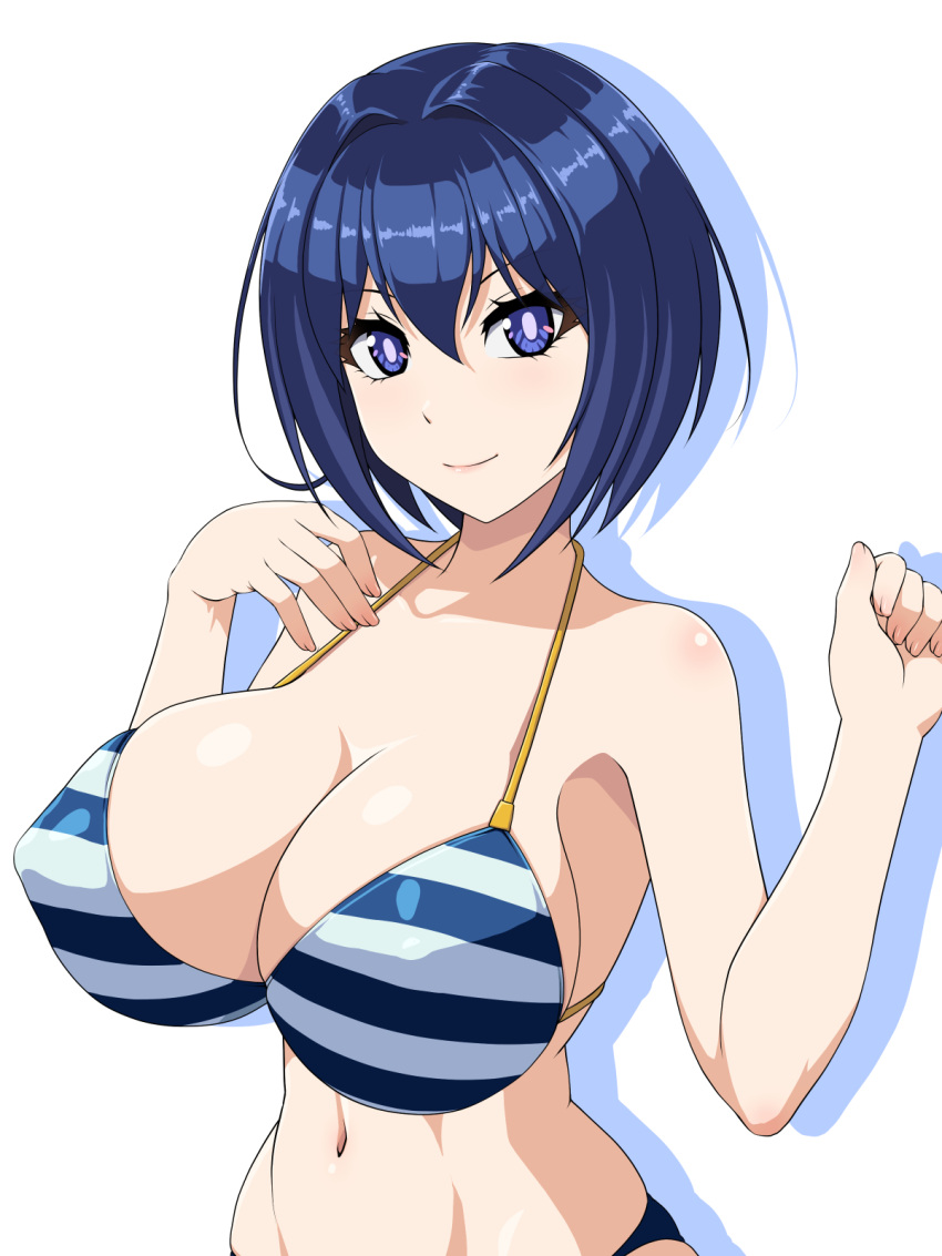 1girl abu arms_up bangs bare_arms bare_shoulders bikini blue_bikini blue_eyes blue_hair bob_cut breasts cleavage closed_mouth commentary_request covered_nipples dolphin_wave drop_shadow fingernails hair_between_eyes halterneck highres large_breasts looking_at_viewer navel short_hair simple_background smile solo standing stomach striped striped_bikini swimsuit tojou_michiru upper_body w_arms white_background