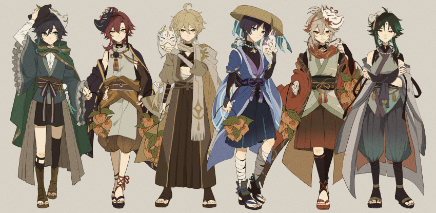 6+boys absurdres aether_(genshin_impact) ahoge alternate_costume arm_armor arm_up baggy_pants bandaged_leg bandages bangs bare_shoulders belt black_belt black_bow black_bowtie black_choker black_footwear black_hair black_headwear black_shirt black_shorts black_socks blonde_hair blue_eyes blue_hair blue_jacket blue_shorts blue_vest boots bow bowtie braid brown_belt brown_bow brown_eyes brown_footwear brown_hair brown_hairband brown_headwear brown_jacket brown_pants brown_ribbon buttons cape choker closed_mouth crossed_arms detached_sleeves earrings frills full_body genshin_impact gold gradient gradient_hair green_cape green_eyes green_hair green_vest grey_cape grey_eyes grey_hair grey_scarf grey_shirt hair_between_eyes hair_ornament hairband hand_on_headwear hands_on_hips hat highres jacket jewelry kaedehara_kazuha leaf long_hair long_sleeves looking_at_another looking_at_viewer male_focus mask mask_on_head multicolored_hair multiple_boys nail_polish necklace official_alternate_costume open_clothes open_vest pants pearl_necklace plant pom_pom_(clothes) puffy_long_sleeves puffy_sleeves purple_belt purple_bow purple_eyes purple_hair red_hair red_scarf ribbon ryu_genshin77 sandals scaramouche_(genshin_impact) scaramouche_(wanderer)_(genshin_impact) scarf shikanoin_heizou shirt short_hair shorts sidelocks simple_background single_earring sleeveless sleeveless_shirt smile socks standing tanabata toenail_polish toenails twin_braids two-tone_hair v-shaped_eyebrows venti_(genshin_impact) vest white_shirt wide_sleeves xiao_(genshin_impact)