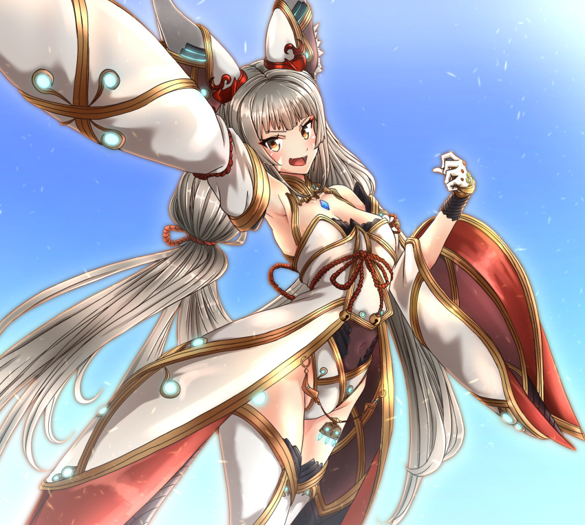 1girl animal_ears blunt_bangs breasts cat_ears chest_jewel cleavage detached_sleeves facial_mark grey_hair highleg highleg_leotard highres leotard long_hair low_twintails nia_(blade)_(xenoblade) nia_(xenoblade) small_breasts solo thighhighs to_(tototo_tk) twintails very_long_hair xenoblade_chronicles_(series) xenoblade_chronicles_2 yellow_eyes