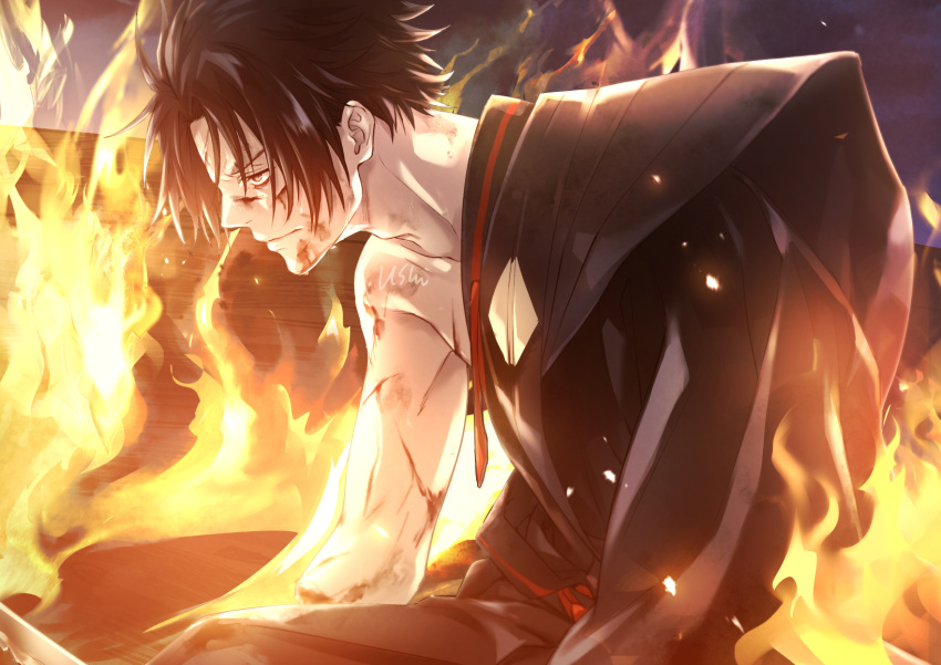 1boy bare_shoulders black_hair black_robe blood blood_on_arm blood_on_face burning fire flame highres injury japanese_clothes jigokuraku kataginu kneeling robe scar severed_limb short_hair solo ushi_424 yamada_asaemon_shugen