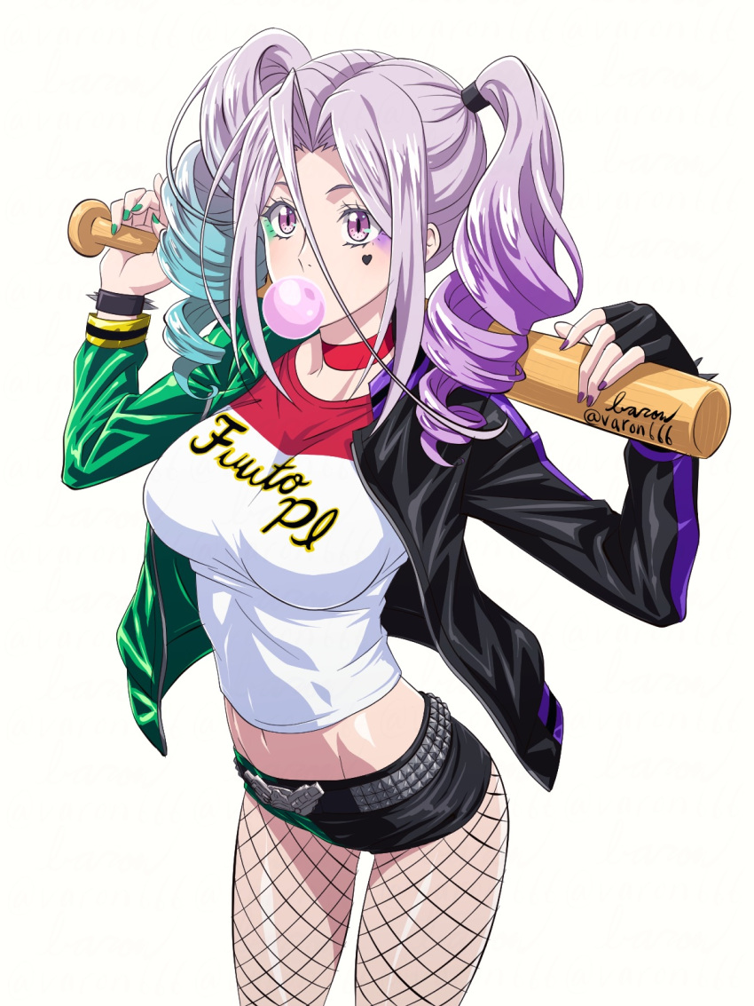 1girl baron_(varon666) baseball_bat black_gloves black_jacket choker copyright_name crop_top dated drill_hair fingerless_gloves fishnet_pantyhose fishnets fuuto_tantei gloves green_jacket highres holding holding_baseball_bat jacket kamen_rider kamen_rider_w long_hair long_sleeves looking_at_viewer multicolored_clothes multicolored_jacket navel open_clothes open_jacket pantyhose purple_eyes purple_hair red_choker shirt short_shorts shorts signature simple_background single_fingerless_glove solo tokime_(fuuto_tantei) twin_drills twintails two-tone_jacket two-tone_shorts white_background white_shirt
