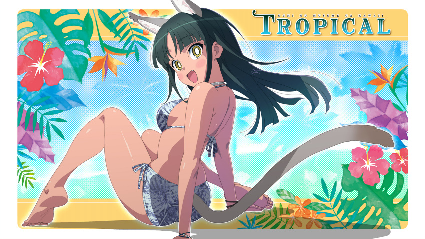 1girl animal_ear_fluff animal_ears ass bare_arms bare_legs bare_shoulders barefoot bikini black_hair blush_stickers breasts cat_ears cat_girl cat_tail commentary_request dark-skinned_female dark_skin floating_hair flower from_behind highres knees_up long_hair looking_at_viewer looking_back medium_breasts original print_bikini red_flower romaji_text sitting soles solo swimsuit tail tonbi yellow_eyes