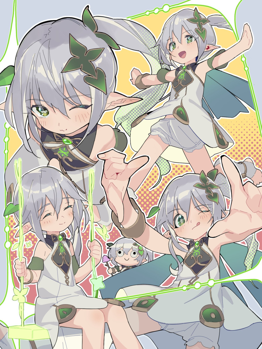 1girl closed_eyes closed_mouth cross-shaped_pupils dress finger_frame genshin_impact green_eyes grey_hair hair_between_eyes hair_ornament highres long_hair looking_at_viewer matsushita_yuubin multiple_views nahida_(genshin_impact) one_eye_closed open_mouth outline outstretched_arms pantaloons pointy_ears side_ponytail sitting sleeveless sleeveless_dress smile spread_arms swing tongue tongue_out white_dress white_outline