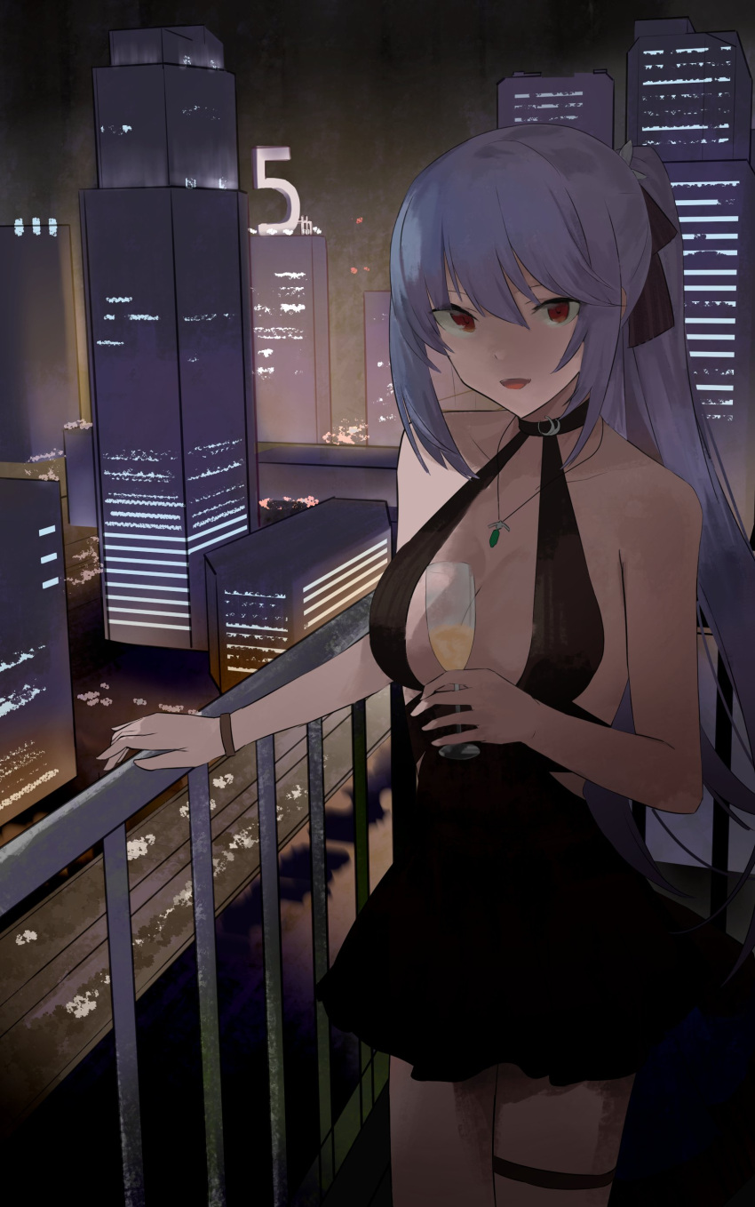 1girl absurdres armband azur_lane black_dress breasts bronzeii002 city_lights cleavage cup dress drinking_glass essex_(azur_lane) essex_(craft_fairytail)_(azur_lane) hand_on_railing highres holding holding_cup jewelry necklace night night_sky ponytail purple_hair railing sky skyline wine_glass