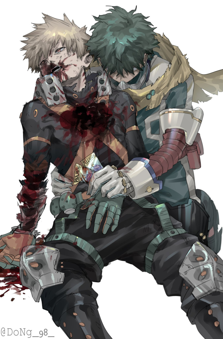 2boys baggy_pants bakugou_katsuki belt blonde_hair blood blood_on_clothes blood_on_face bodysuit boku_no_hero_academia cape card corpse covered_eyes covered_face death dong_98 explosive feet_out_of_frame gloves green_bodysuit green_gloves green_hair grenade hand_on_another's_hand hand_on_another's_hip head_down high_collar highres holding holding_card knee_pads leaning_on_person male_focus midoriya_izuku multiple_boys neck_brace official_alternate_costume open_mouth orange_gloves pants red_eyes short_hair simple_background spiked_hair spoilers torn_sleeve twitter_username two-tone_gloves utility_belt white_background white_gloves yellow_cape