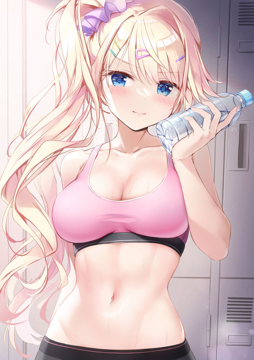 1girl arms_behind_back bare_arms bare_shoulders blonde_hair blue_eyes blush bottle bottle_to_cheek breasts cleavage closed_mouth collarbone crop_top hair_ornament hair_scrunchie hand_up high_ponytail highres holding holding_bottle indoors kimishima_ao locker locker_room long_hair looking_at_viewer medium_breasts navel original pink_sports_bra purple_scrunchie scrunchie side_ponytail sidelocks smile solo sports_bra sportswear stomach sweat upper_body very_long_hair water_bottle wavy_hair wet