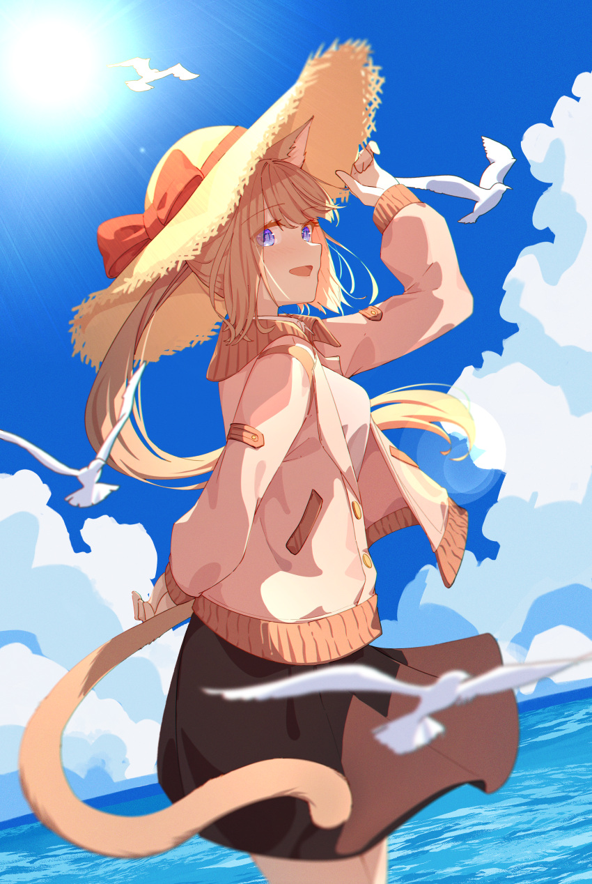 1girl 2022 absurdres animal_ears arm_behind_back arm_up bangs black_skirt blonde_hair blue_eyes blue_sky cloud cloudy_sky final_fantasy final_fantasy_xiv hat highres holding holding_clothes holding_hat jacket jl_tan looking_at_viewer miqo'te open_mouth original ponytail skirt sky smile solo standing sun sun_hat tail