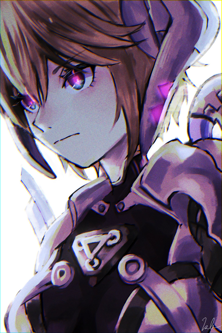 1girl absurdres android armor bangs blue_eyes brown_hair closed_mouth cyborg fiora_(xenoblade) glowing glowing_eyes highres kyosuke1413koba mecha-fiora short_hair simple_background solo upper_body white_background xenoblade_chronicles_(series) xenoblade_chronicles_1