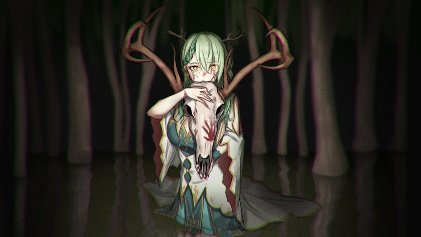 1girl absurdres animal_skull antlers braid branch ceres_fauna green_hair hair_ornament hand_print highres holding hololive hololive_english long_hair looking_at_viewer nature outdoors partially_submerged skull solo tree virtual_youtuber wetland yellow_eyes zenya