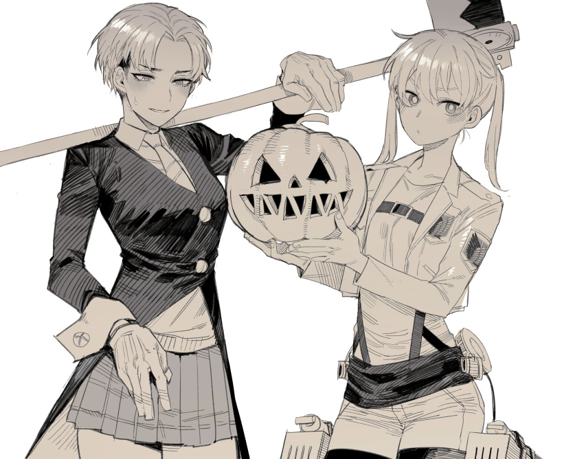 2girls :o bangs blush breasts collarbone collared_shirt cosplay cowboy_shot cropped_jacket food gloves greyscale highres holding holding_food holding_pumpkin holding_scythe holding_vegetable jacket large_breasts maka_albarn maka_albarn_(cosplay) medium_hair miniskirt monochrome multiple_girls nanaba necktie open_clothes open_jacket pants paradis_military_uniform parted_lips pleated_skirt pumpkin ratatatat74 scythe shingeki_no_kyojin shiny shiny_hair shirt short_hair simple_background skirt soul_eater sweatdrop teeth three-dimensional_maneuver_gear vegetable weapon white_background