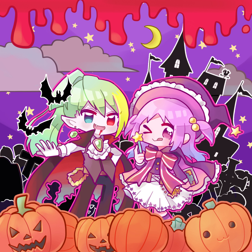 2girls alina_gray aqua_eyes bangs blood blunt_ends blush chibi fangs green_hair hair_between_eyes hair_bobbles hair_ornament halloween halloween_costume hat highres jack-o'-lantern long_hair looking_at_viewer magia_record:_mahou_shoujo_madoka_magica_gaiden mahou_shoujo_madoka_magica medium_hair miniskirt misono_karin multicolored_eyes multicolored_hair multiple_girls one_eye_closed open_mouth parted_bangs parted_hair pink_ribbon pleated_skirt pointy_ears print_skirt pumpkin purple_eyes purple_hair red_eyes ribbon sidelocks skirt smile star_(symbol) star_print straight_hair streaked_hair takenoko_mgrc two_side_up very_long_hair white_skirt witch_hat