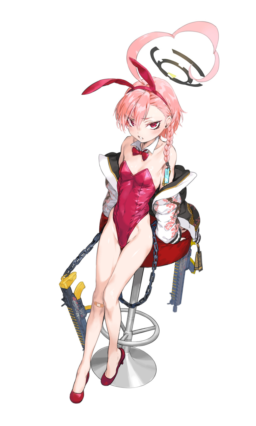 1girl absurdres ahoge animal_ear_fluff animal_ears bandaid bandaid_on_knee bandaid_on_leg bangs blue_archive bow bowtie braid chain detached_collar dual_wielding earrings fake_animal_ears full_body gun haimura_kiyotaka halo highres holding jacket jewelry leotard mole mole_under_eye neru_(blue_archive) neru_(bunny)_(blue_archive) official_alternate_costume playboy_bunny print_jacket red_eyes red_leotard sig_sauer sig_sauer_mpx single_braid solo stud_earrings submachine_gun sukajan traditional_bowtie transparent_background weapon