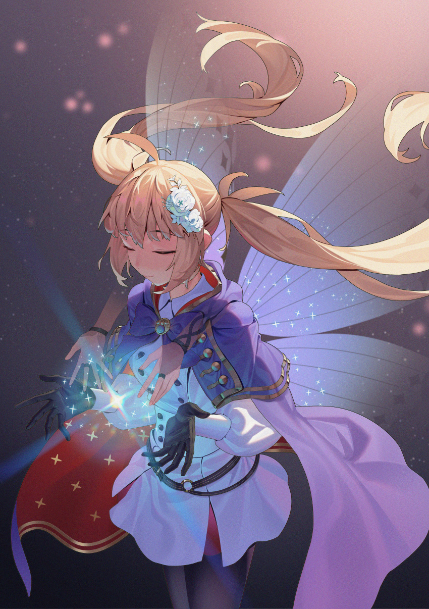 1girl absurdres ahoge artoria_caster_(fate) artoria_caster_(second_ascension)_(fate) artoria_pendragon_(fate) belt black_gloves black_pantyhose blonde_hair blue_belt blue_cloak bow buttons cloak closed_eyes closed_mouth collared_shirt doufu_(pixiv9093484) fate/grand_order fate_(series) flower gem gloves gold_trim green_gemstone hair_flower hair_ornament highres long_hair long_sleeves pantyhose purple_bow shiny shirt skirt twintails white_flower white_shirt white_skirt wings