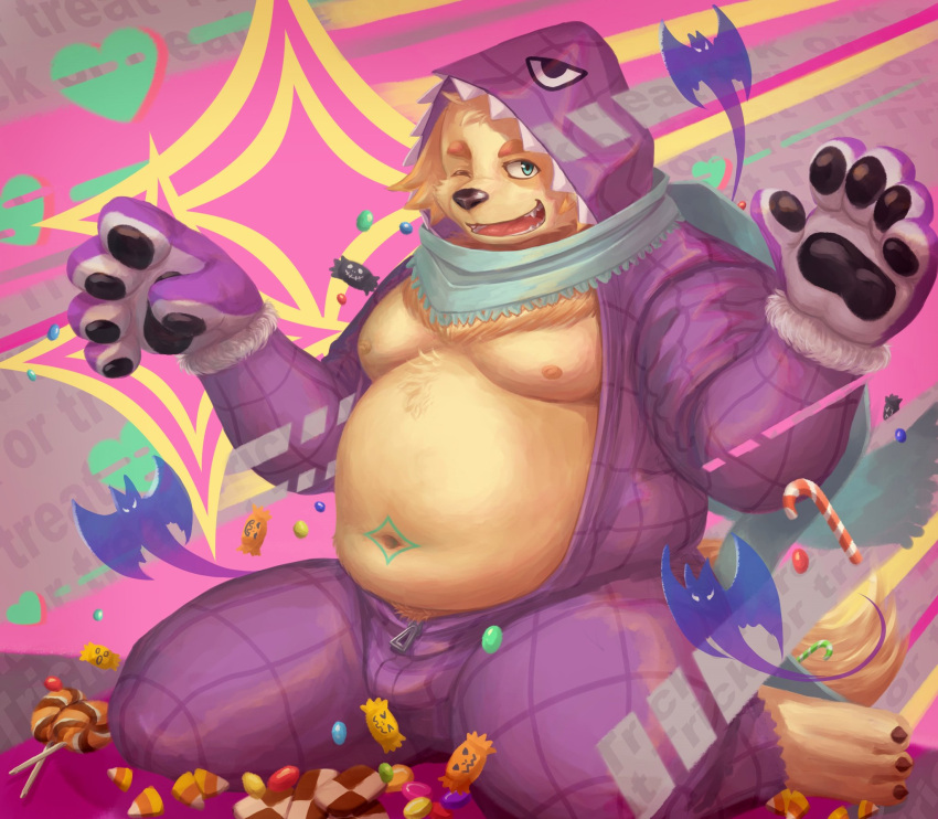 anthro belly bird_dog candy canid canine canis clothing cu_sith_(tas) dessert domestic_dog food fur golden_retriever guadr halloween hi_res holidays hunting_dog lifewonders male mammal moobs navel nipples one_eye_closed onesie overweight pawpads retriever scarf solo tokyo_afterschool_summoners video_games wink yellow_body yellow_fur