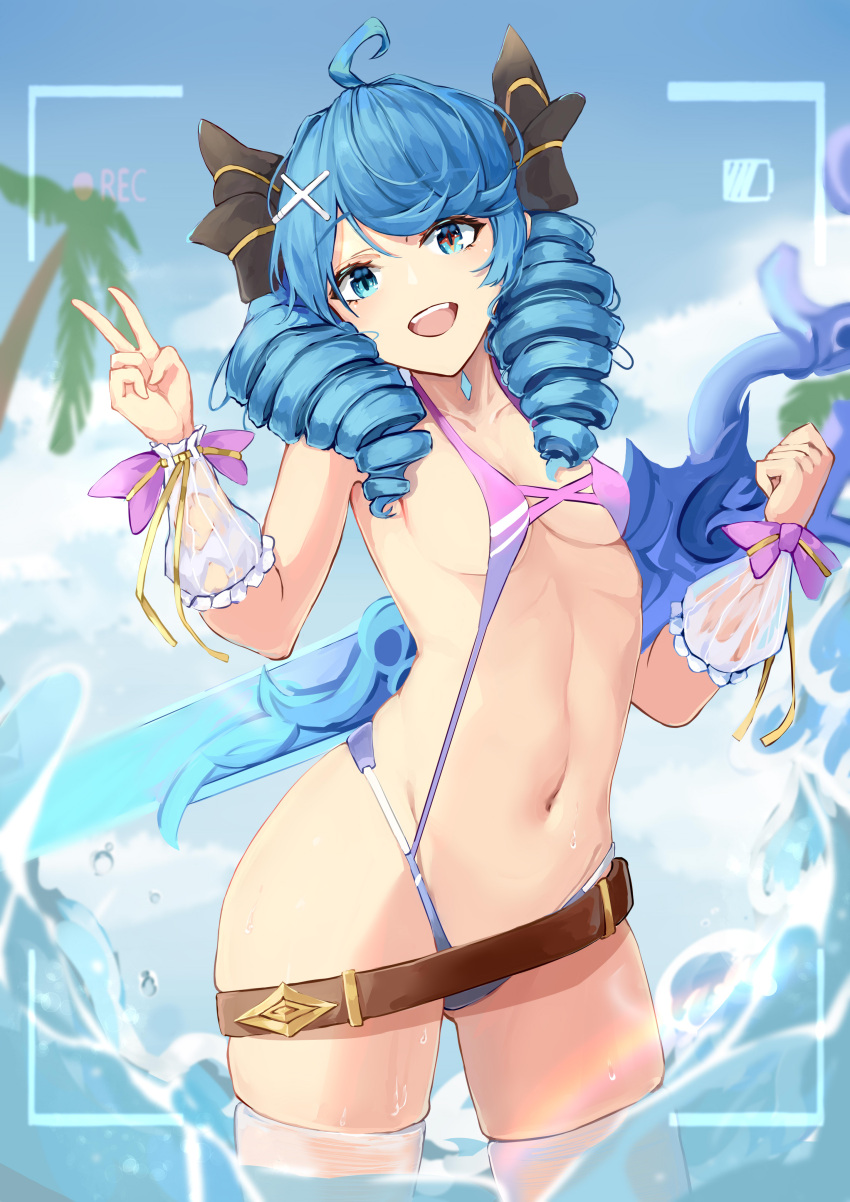 1girl :d absurdres ahoge alternate_costume bangs bare_shoulders beach bikini black_bow blue_hair bow breasts cowboy_shot day drill_hair green_eyes groin gwen_(league_of_legends) hair_bow hair_ornament hand_up highres holding holding_scissors holding_weapon league_of_legends long_hair medium_breasts navel open_mouth outdoors oversized_object pink_bikini recording revival scissors smile solo swimsuit teeth twin_drills twintails upper_teeth v water weapon x_hair_ornament