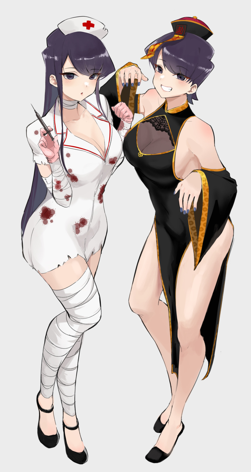 2girls absurdres ayatak0517 bandaged_arm bandaged_leg bandaged_neck bandages bangs bare_shoulders black_dress black_eyes black_footwear black_hair black_nails blood blood_on_clothes blood_splatter breasts cleavage commentary detached_sleeves dress full_body gloves grin halloween hands_up hat highres holding holding_syringe jiangshi_costume komi-san_wa_komyushou_desu komi_shouko komi_shuuko large_breasts leaning_forward long_hair looking_at_viewer mature_female mother_and_daughter multiple_girls nail_polish nurse nurse_cap ofuda parted_lips pelvic_curtain pink_gloves see-through shiny shiny_hair sleeveless sleeveless_dress smile standing swept_bangs syringe thighs very_long_hair white_dress