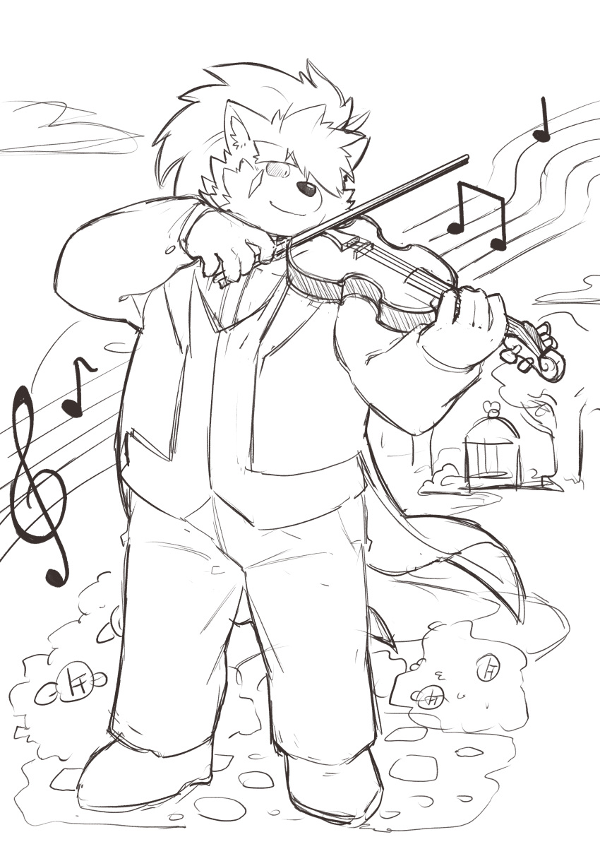 absurd_res anthro bowed_string_instrument canid canine canis clothing domestic_dog eyebrows hair hi_res junxiong_0814 lifewonders male mammal musical_instrument musical_note playing_music ponytail scar shino_(housamo) sketch solo string_instrument suit thick_eyebrows tokyo_afterschool_summoners video_games violin
