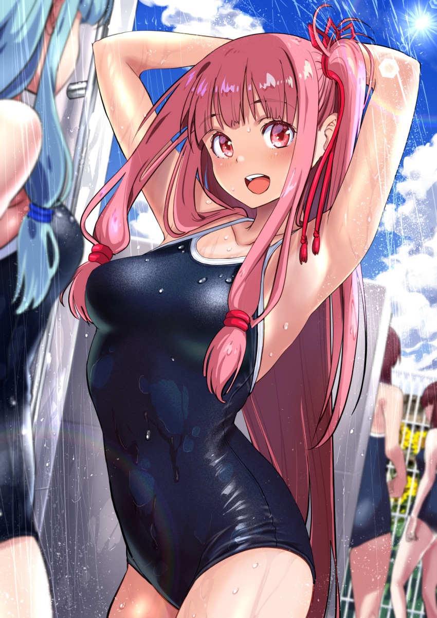 4girls :d armpits arms_up bangs black_one-piece_swimsuit blue_hair blue_sky breasts cloud collarbone commentary_request competition_school_swimsuit covered_navel day hair_ribbon highres kotonoha_akane lens_flare long_hair looking_at_viewer multiple_girls one-piece_swimsuit open_mouth outdoors pink_eyes pink_hair presenting_armpit ribbon school_swimsuit showering sidelocks sky small_breasts smile solo_focus standing swimsuit taut_clothes taut_swimsuit teeth tying_hair upper_teeth voiceroid wakana_hanabi wet