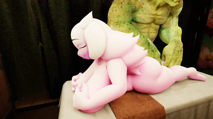 anthro big_breasts big_butt breasts butt deerbone_(artist) duo eyes_closed female hi_res humanoid male male/female massage orc thick_thighs toriel undertale_(series)